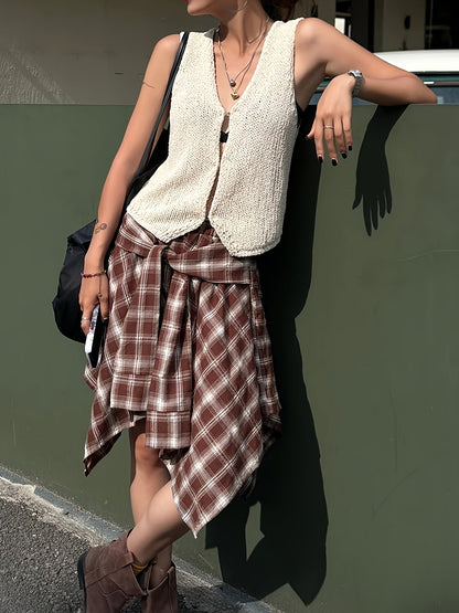 Women's Asymmetric Street-Style Skirt with Checkered Pattern and Knot Detail – Urban Casual Look