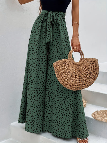 Women's Wide Palazzo Pants with Dots and Tie Belt – Elegant Spring and Summer Style