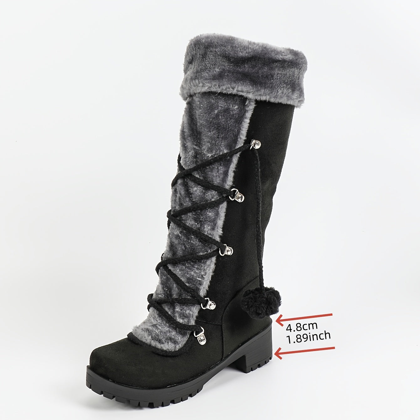 Women's black winter boots with plush trim, laces, and a zipper