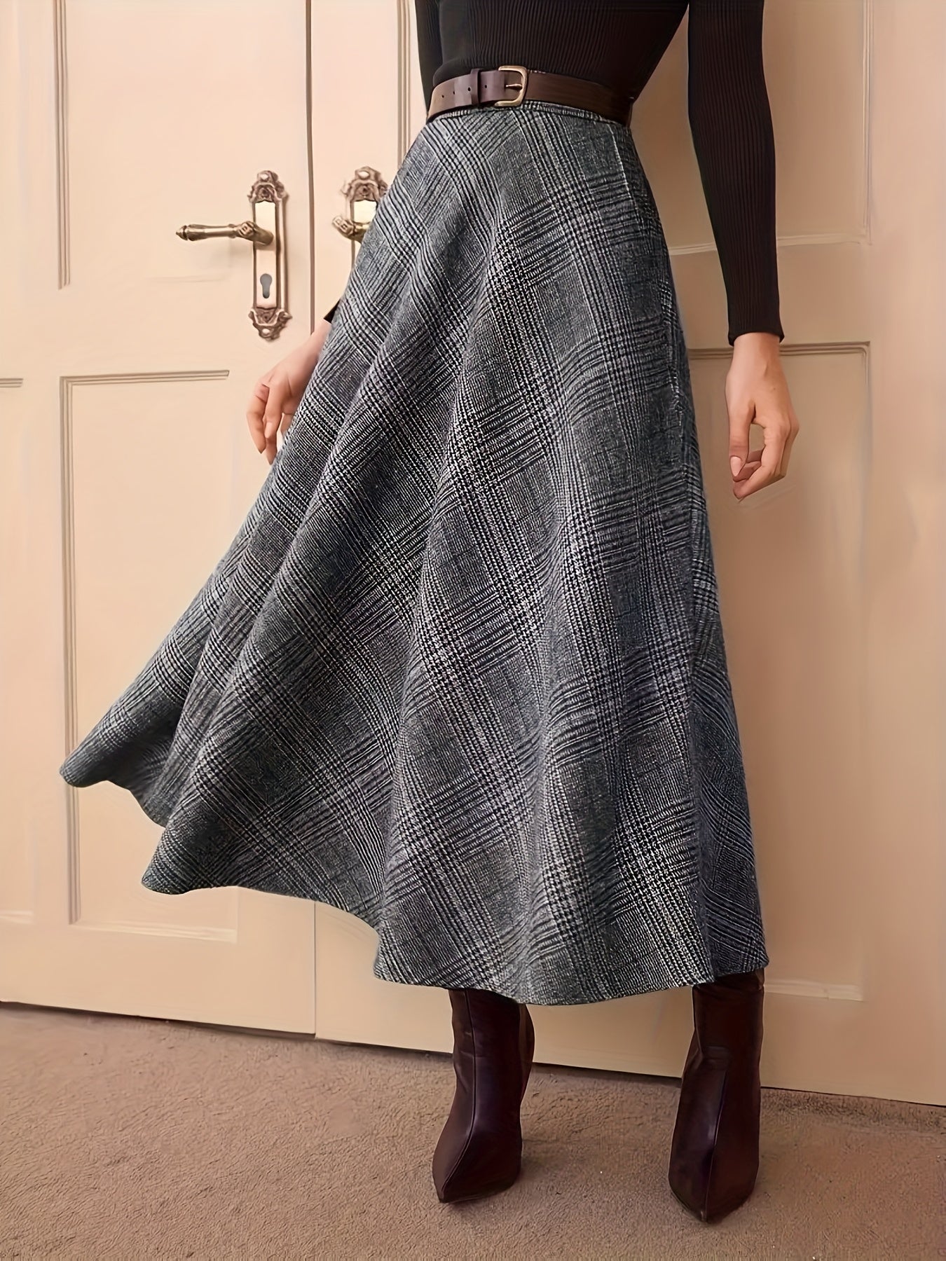 Women's plaid maxi skirt, A-line, high-waisted