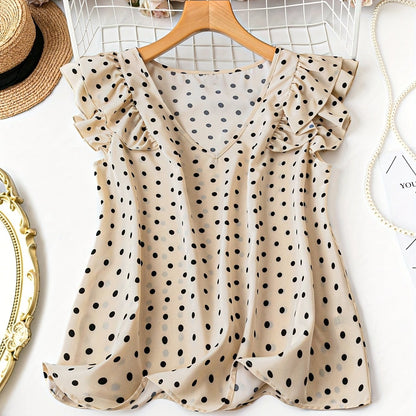 Damen Polka Dot Bluse mit V-Ausschnitt und Rüschenärmeln – Eleganter Alltags- und Büro-Look