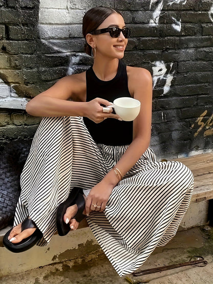 Damen Weite Streifenhose im eleganten Street-Style für Frühling und Sommer