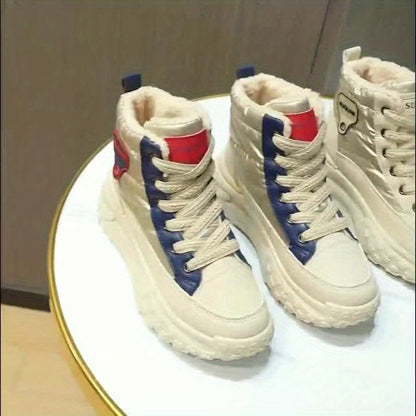 Women's winter boots, warm-lined beige high-top sneakers