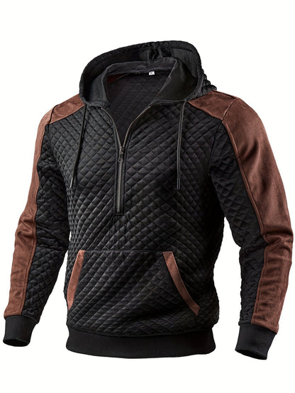 Men's quilted hoodie with half-zip and hood