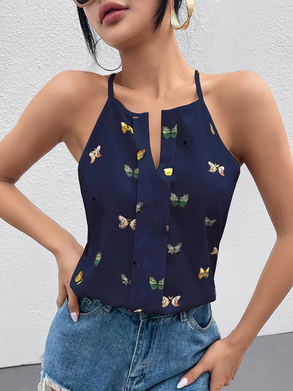 Women's top with butterfly print and spaghetti straps – Elegant summer blouse for leisure and everyday wear