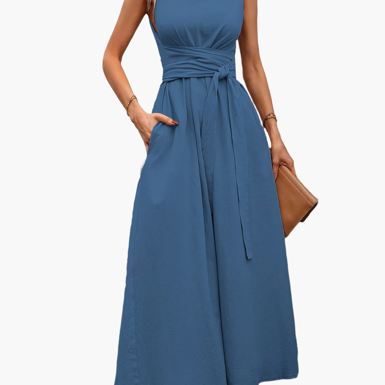 Women's Elegant Sleeveless Jumpsuit with Tie Belt and Wide Legs – Perfect for Summer and Leisure