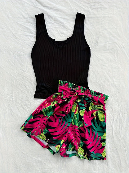Women's Summer Two-Piece Set – Tropical Shorts and Ribbed Top for Vacation and Leisure