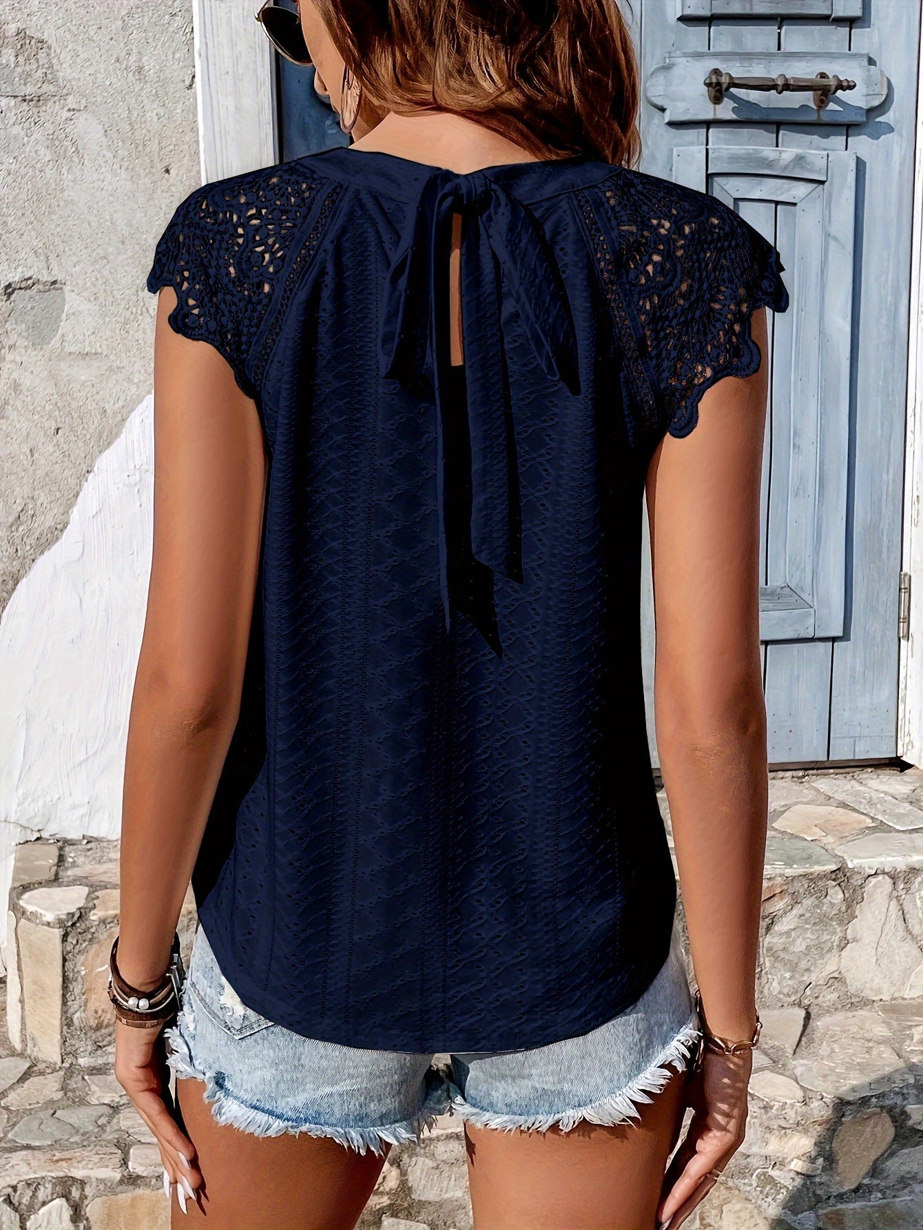 Women's lace blouse with back bow and short sleeves – summer casual boho style