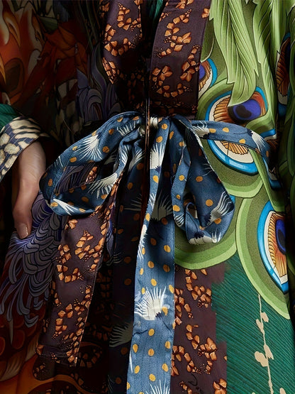 Women's Luxury Kimono Caftan Maxi Length with Oriental Print – Elegant Statement Look for Vacation & Evening