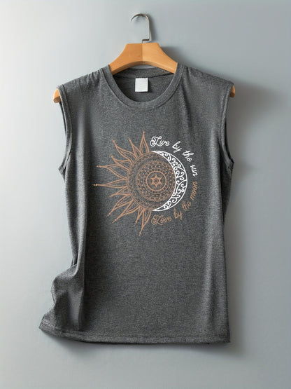 Women's Boho-Style Tank Top with Sun and Moon Print – Summer Casual Shirt