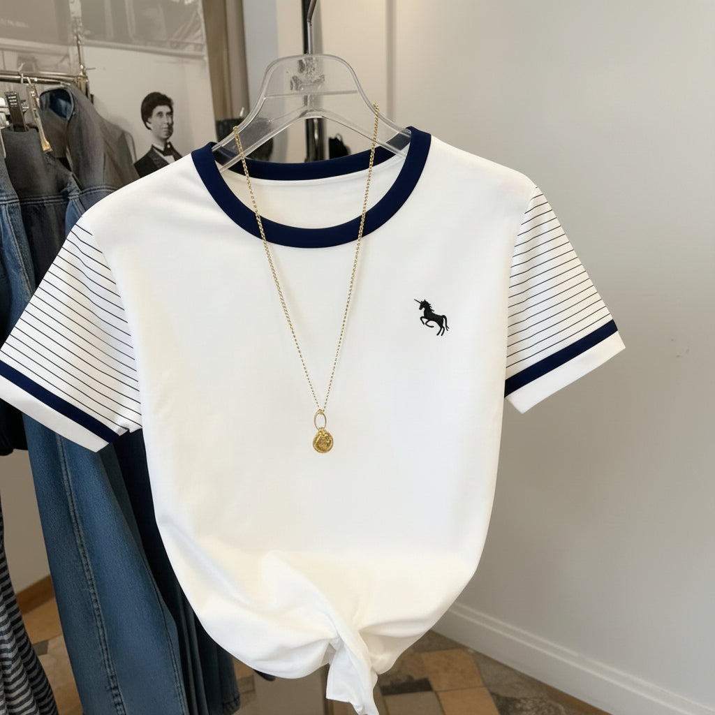 Women's T-shirt with Unicorn Logo and Striped Sleeves – Casual Wear with a Modern Style