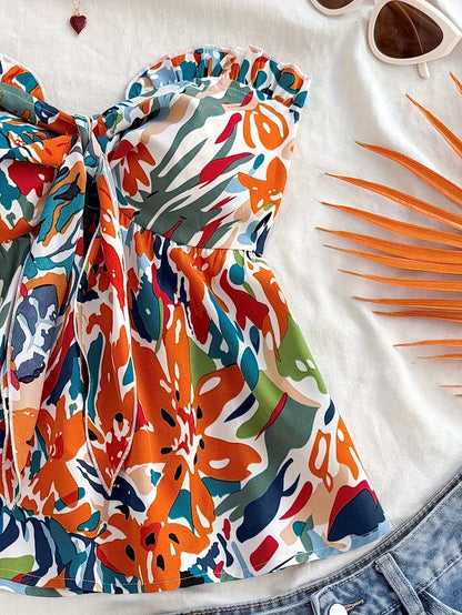 Women's Bandeau Knot Top with Abstract Floral Pattern – Summer Casual and Beach Top