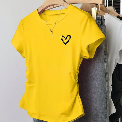 Women's T-shirt with Heart Print – Fashionable Summer Top, Fitted, Short Sleeve, Casual & Leisure Look