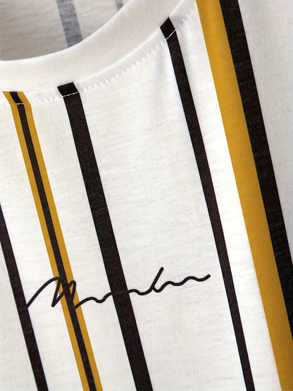 Men's T-shirt with vertical stripe pattern and modern print – Stylish casual shirt