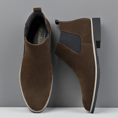 Men's Chelsea boots in faux suede with elastic inserts, brown and black