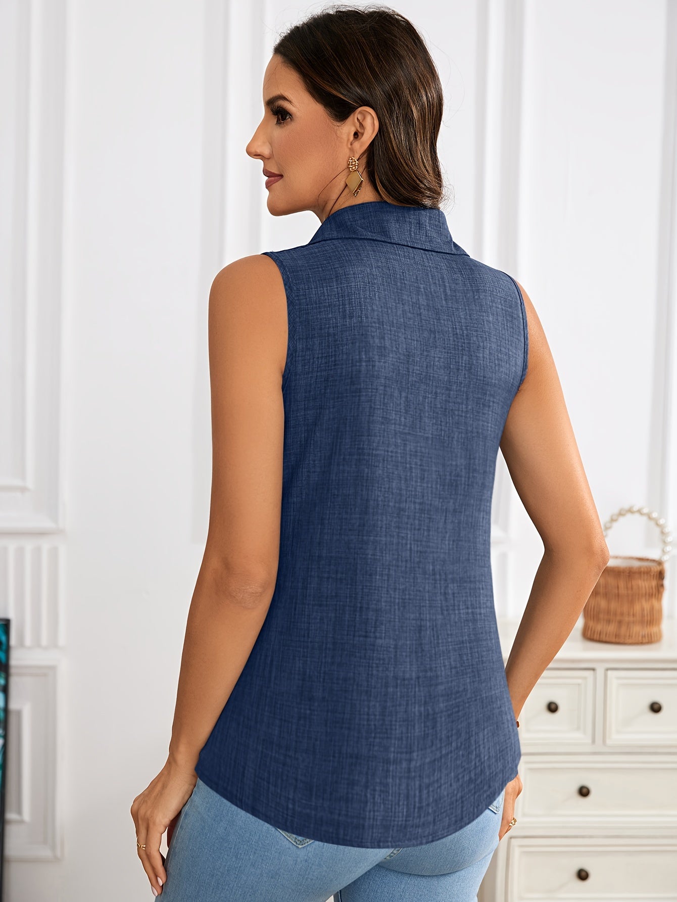 Women's sleeveless blouse with button placket and polo collar – Elegant casual wear for summer