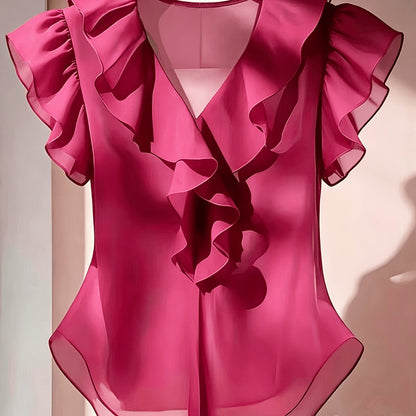 Women's blouse with ruffles and V-neck – Elegant frilled blouse for office and leisure