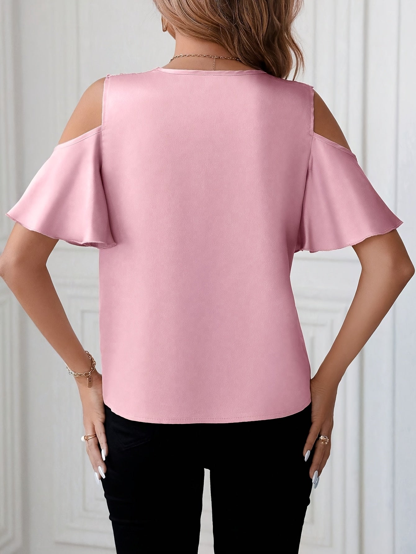 Women's cold-shoulder blouse with lace trim and flounce sleeves – elegant feminine look for office & leisure