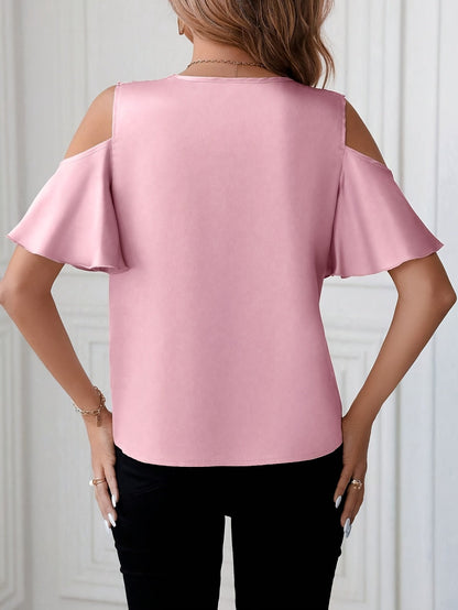 Women's cold-shoulder blouse with lace trim and flounce sleeves – elegant feminine look for office & leisure
