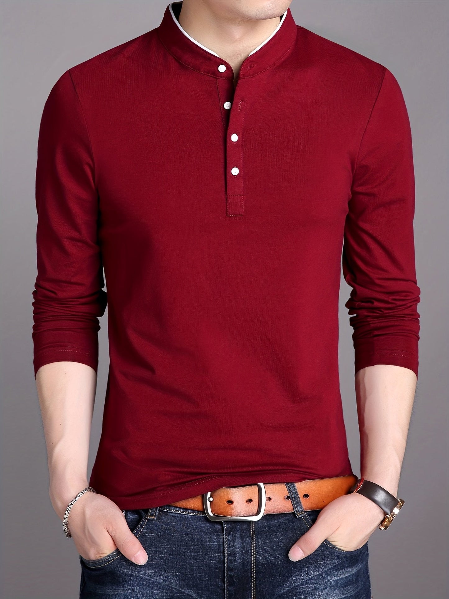 Men's long-sleeve shirt with stand-up collar and button placket