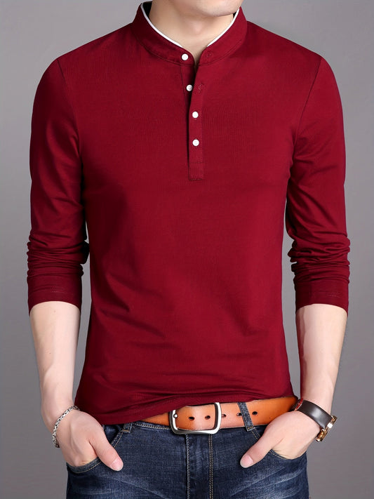 Men's long-sleeve shirt with stand-up collar and button placket