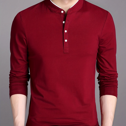 Men's long-sleeve shirt with stand-up collar and button placket