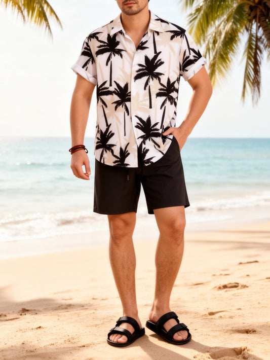 Men's Summer Beach Set – Palm Print Short-Sleeve Shirt and Shorts, Casual Outfit