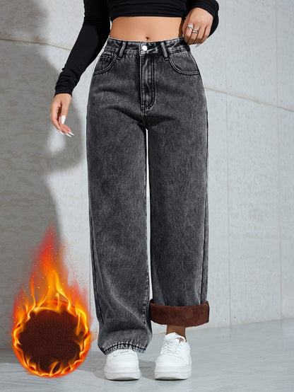 Women's wide-leg jeans with warm lining – dark gray