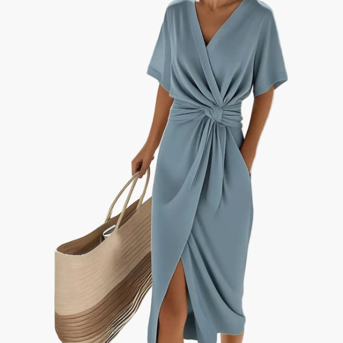 Women's Summer Wrap Dress with Knot Detail and V-Neck – Elegant Vintage Beach Dress