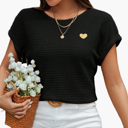 Damen Sommer Strick T-Shirt mit Herz-Detail – Eleganter Freizeitstil für Alltag und Urlaub