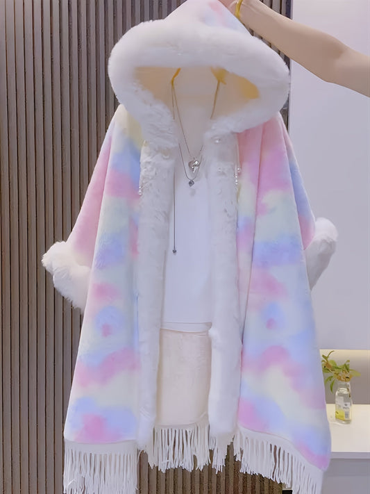 Colorful poncho cape with hood and fringes – fluffy cover-up cape