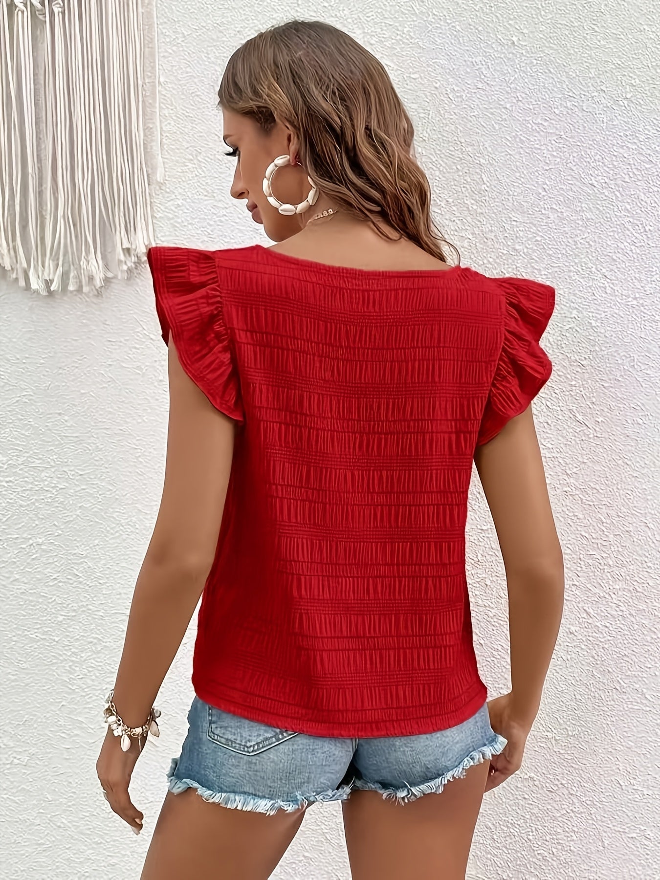 Women's Summer Ruffle Top in Casual Style with Square Neckline – Perfect for Leisure and Vacation
