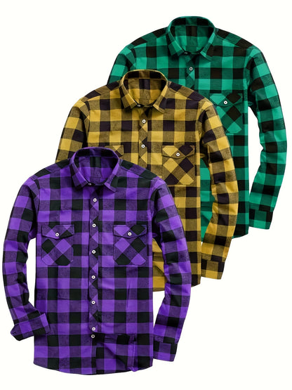 Men’s plaid long-sleeve casual shirt with chest pockets