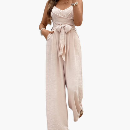 Women's Elegant Jumpsuit with Belt, V-Neck, Wide Legs, Ideal for Spring and Summer