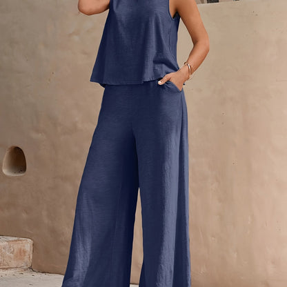Women's Elegant Casual Two-Piece Set – Sleeveless Top and Wide Pants for Everyday and Vacation