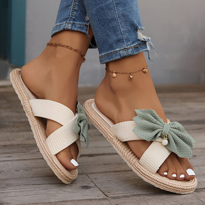 Women's Vintage Summer Slides with Large Bow and Toe Strap – Comfortable Casual Sandals