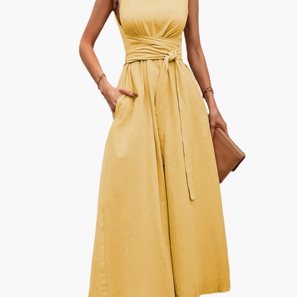 Women's Elegant Sleeveless Jumpsuit with Tie Belt and Wide Legs – Perfect for Summer and Leisure