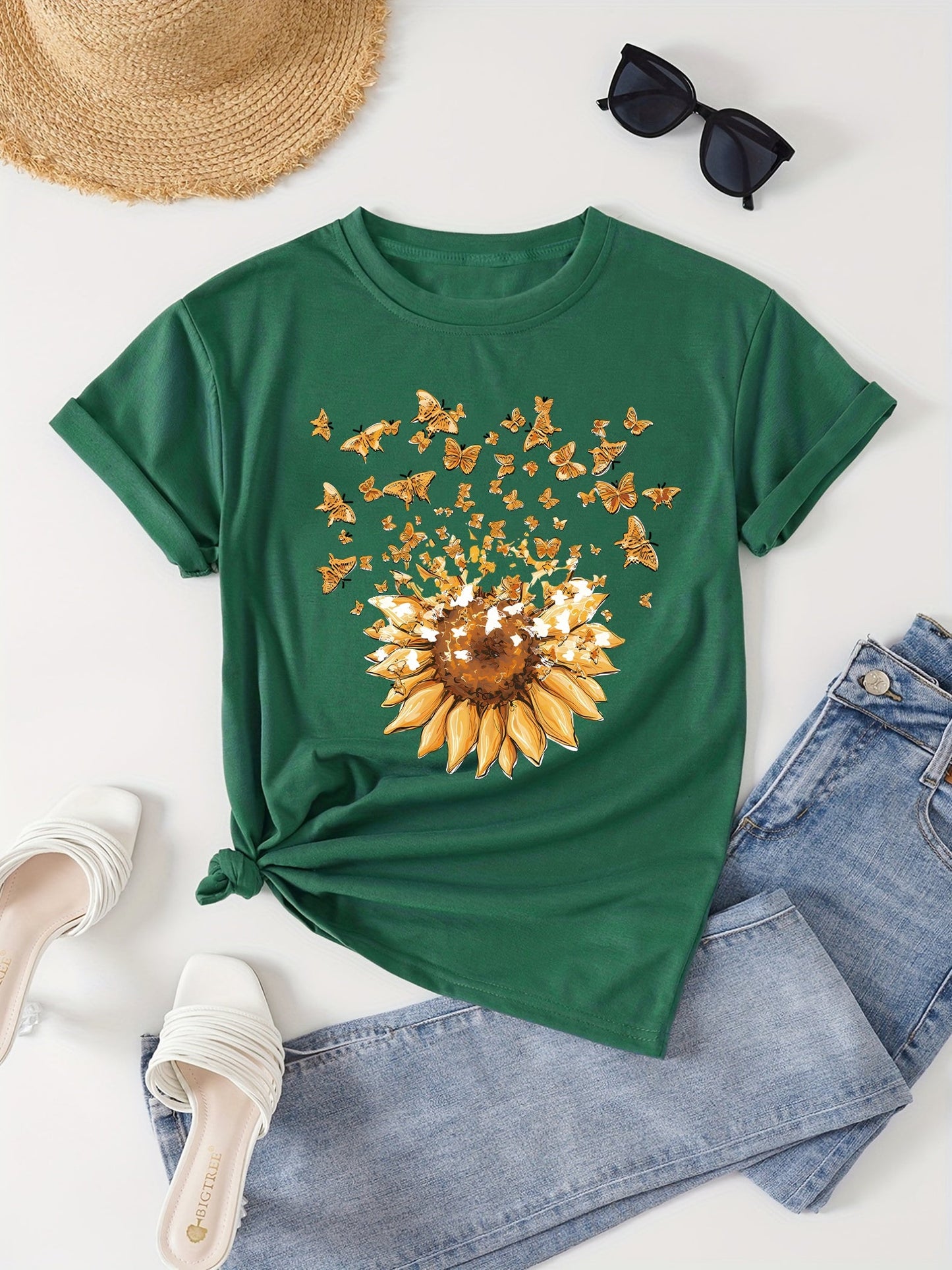Women's T-shirt with Sunflower and Butterfly Print, Casual Style, Spring/Summer