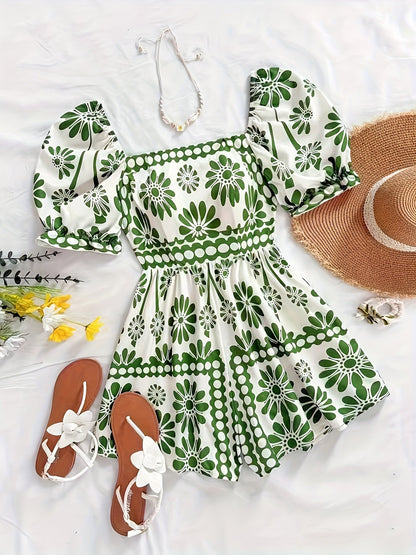 Women's jumpsuit with puff sleeves and vintage floral pattern – elegant one-piece for summer and leisure