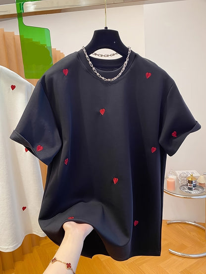 Women's T-Shirt with Embroidery and Heart Pattern – Casual Style, Spring/Summer