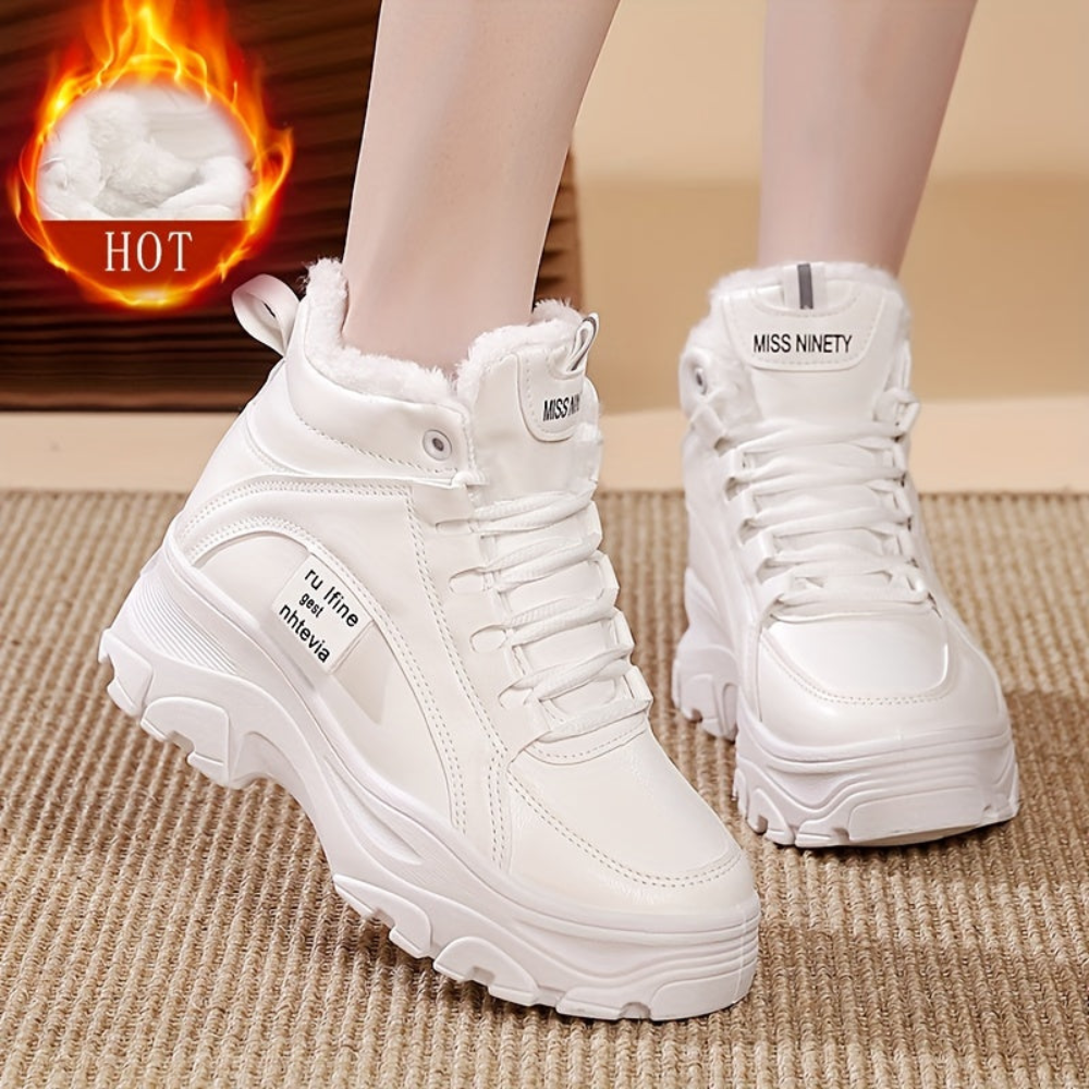 Damen Gefütterte Plateausneaker, Winter Hohe Sneaker mit dicker Sohle, Weiß
