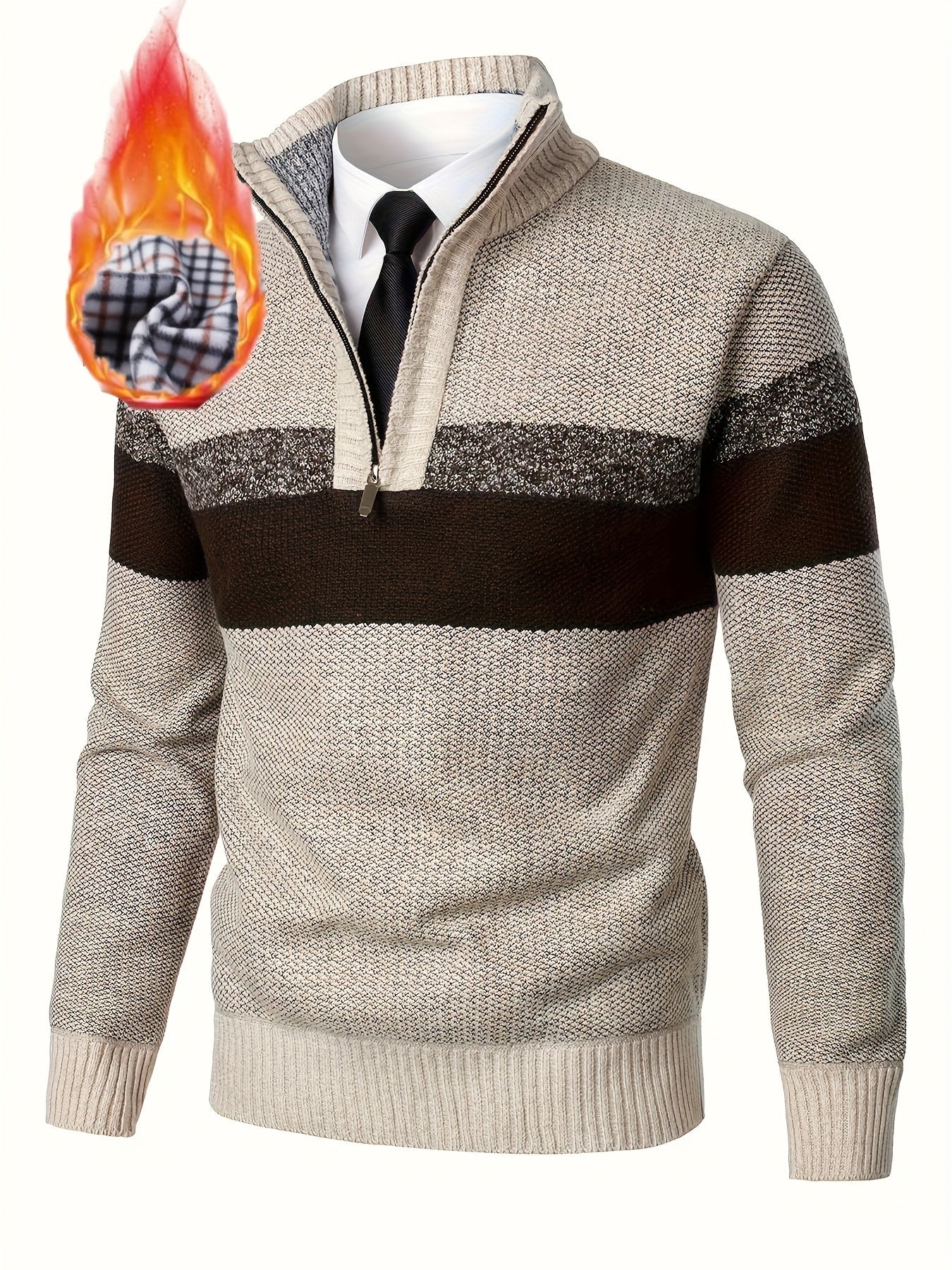 Men's knitted sweater with a stand-up collar and zipper, striped, softly lined inside