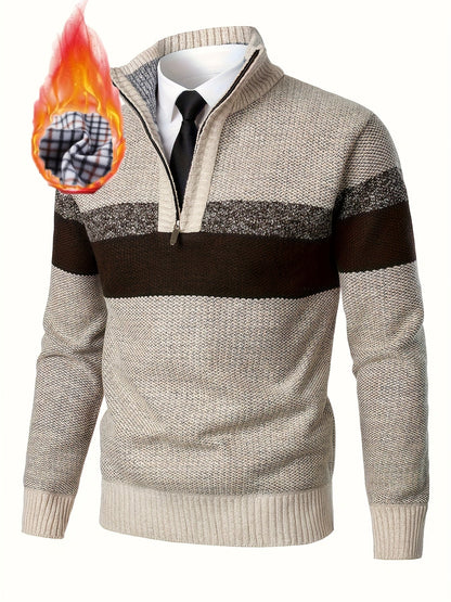Men's knitted sweater with a stand-up collar and zipper, striped, softly lined inside