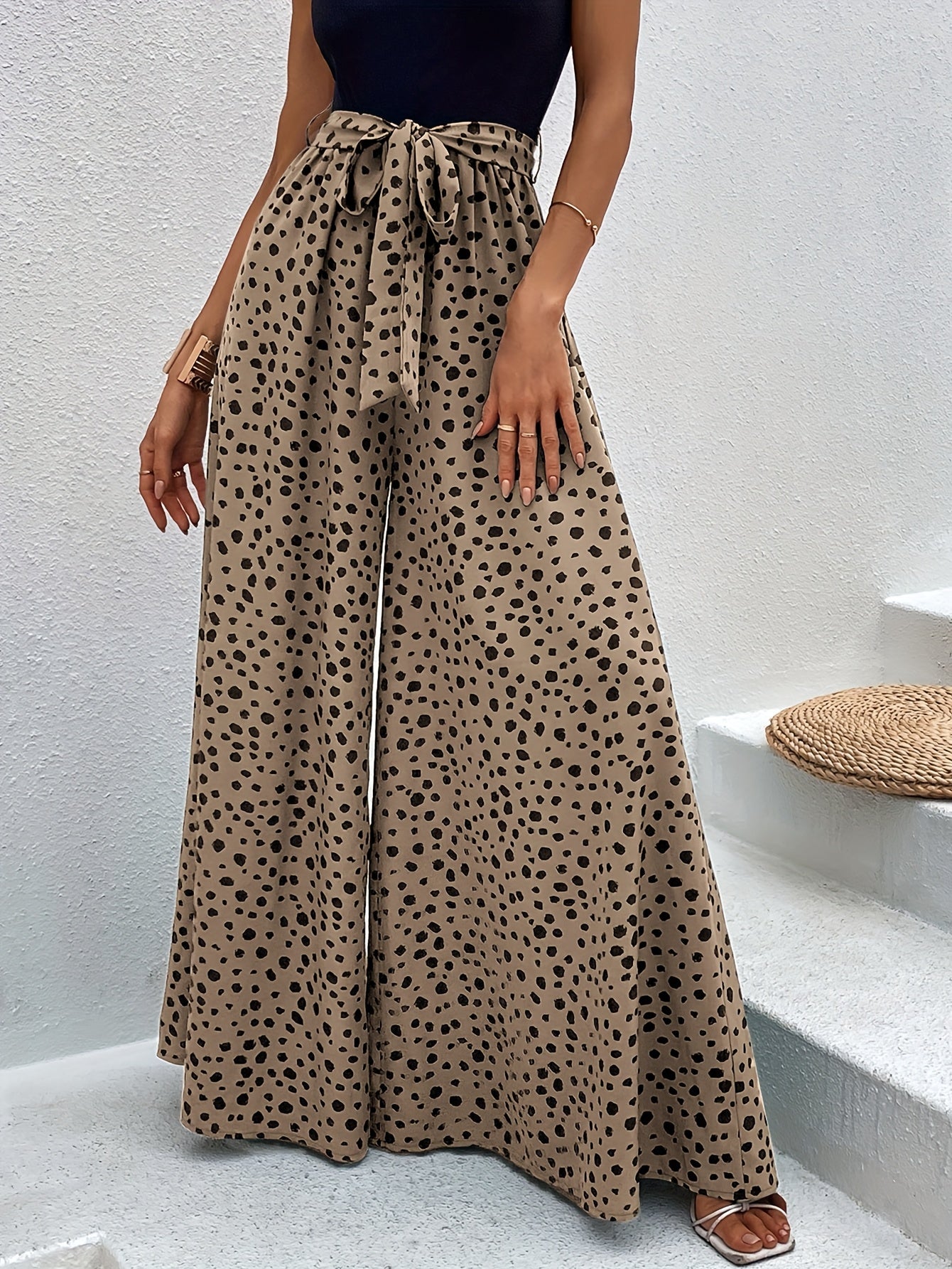 Women's Wide Palazzo Pants with Dots and Tie Belt – Elegant Spring and Summer Style