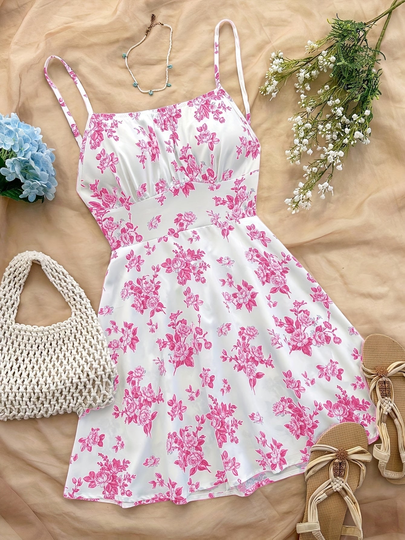 Women's Summer Dress Elegant with Floral Pattern and Spaghetti Straps – Perfect for Casual Wear and Garden Parties