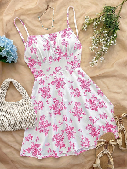 Women's Summer Dress Elegant with Floral Pattern and Spaghetti Straps – Perfect for Casual Wear and Garden Parties