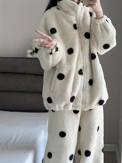 Women's Loungewear Set Plush Polka Dots Zipper Stand Collar Pajamas