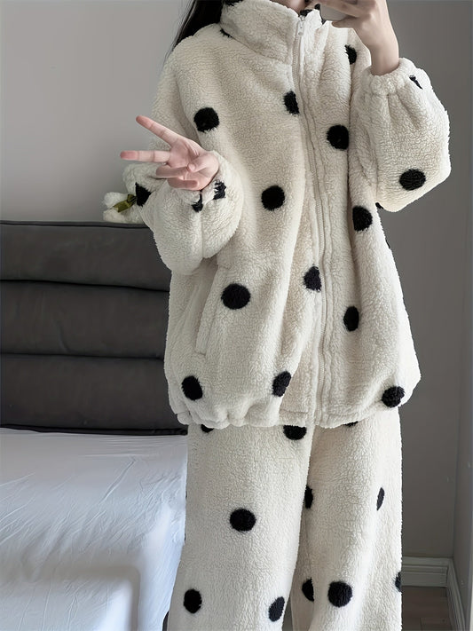 Damen Loungewear Set Plüsch Tupfen Reißverschluss Stehkragen Pyjama