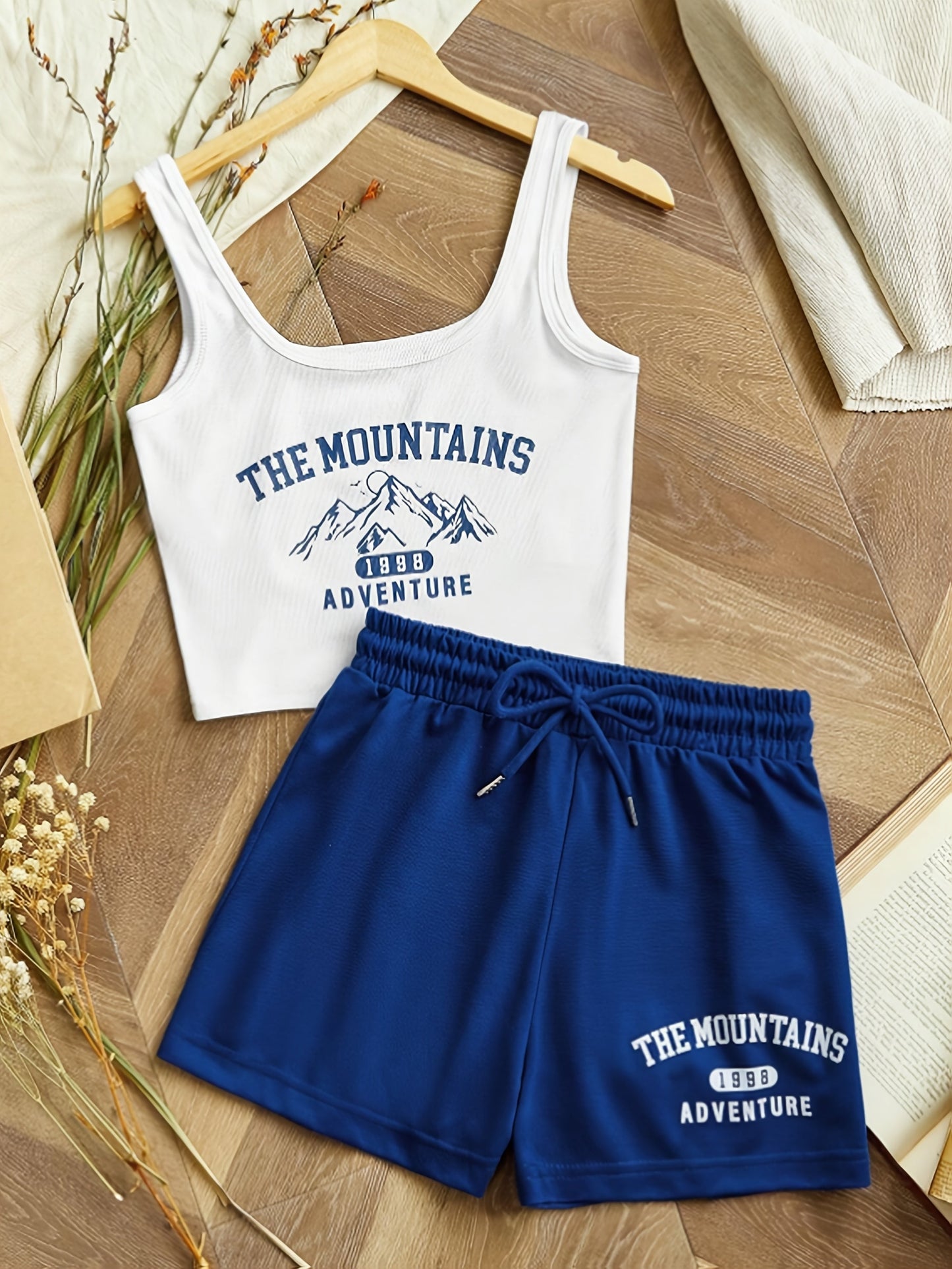 Women's sporty casual set with "The Mountains Adventure" print – top & shorts – perfect for summer & outdoor activities