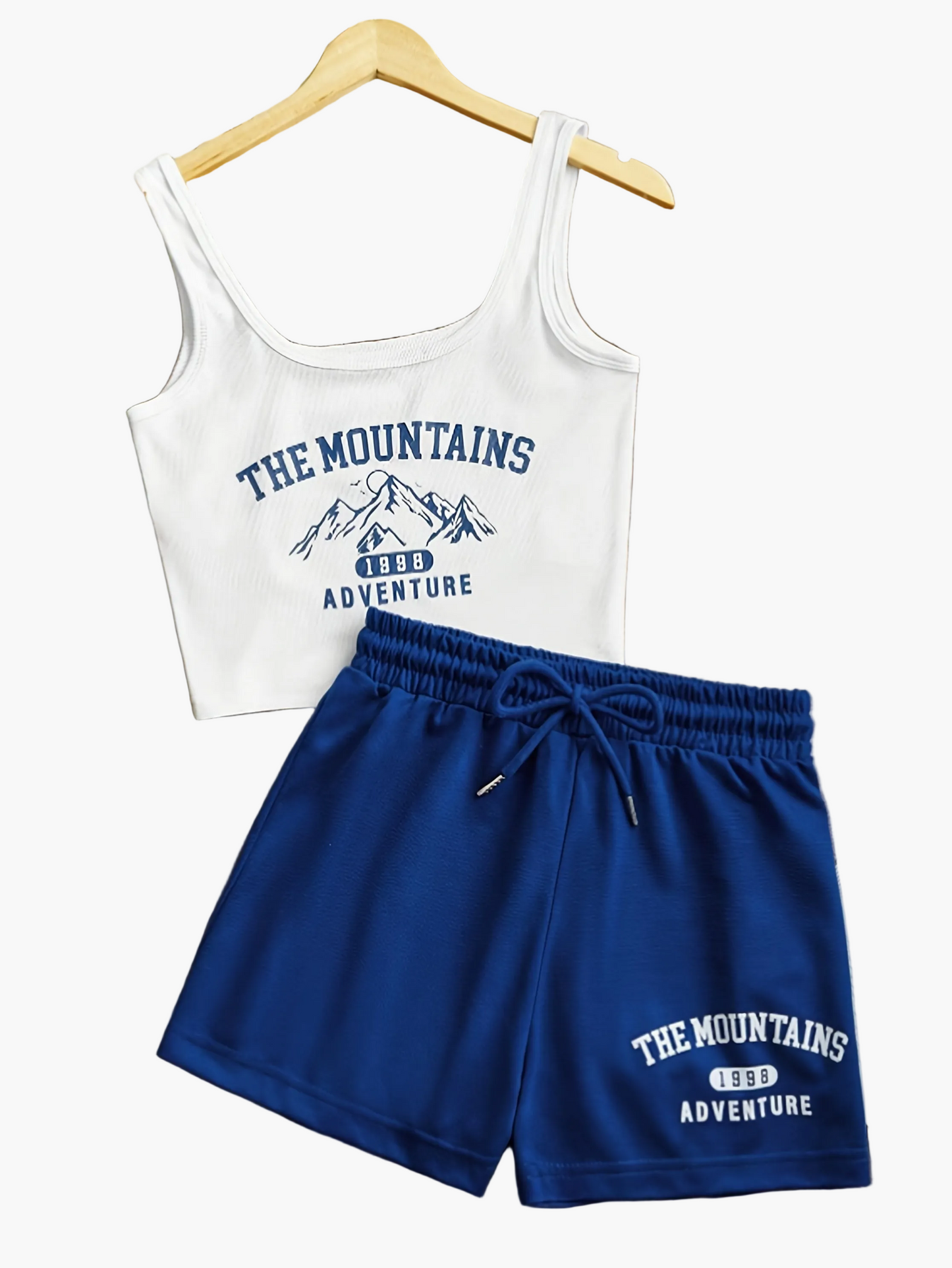 Women's sporty casual set with "The Mountains Adventure" print – top & shorts – perfect for summer & outdoor activities